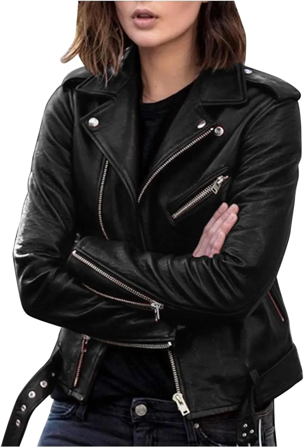 Women's Faux Leather jackets Slim Fit Outerwear Women's Casual Loose Motorcycle jackets Women's Short jackets Outerwear