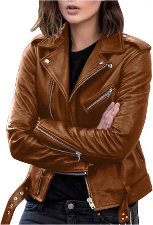 Women's Faux Leather jackets Slim Fit Outerwear Women's Casual Loose Motorcycle jackets Women's Short jackets Outerwear