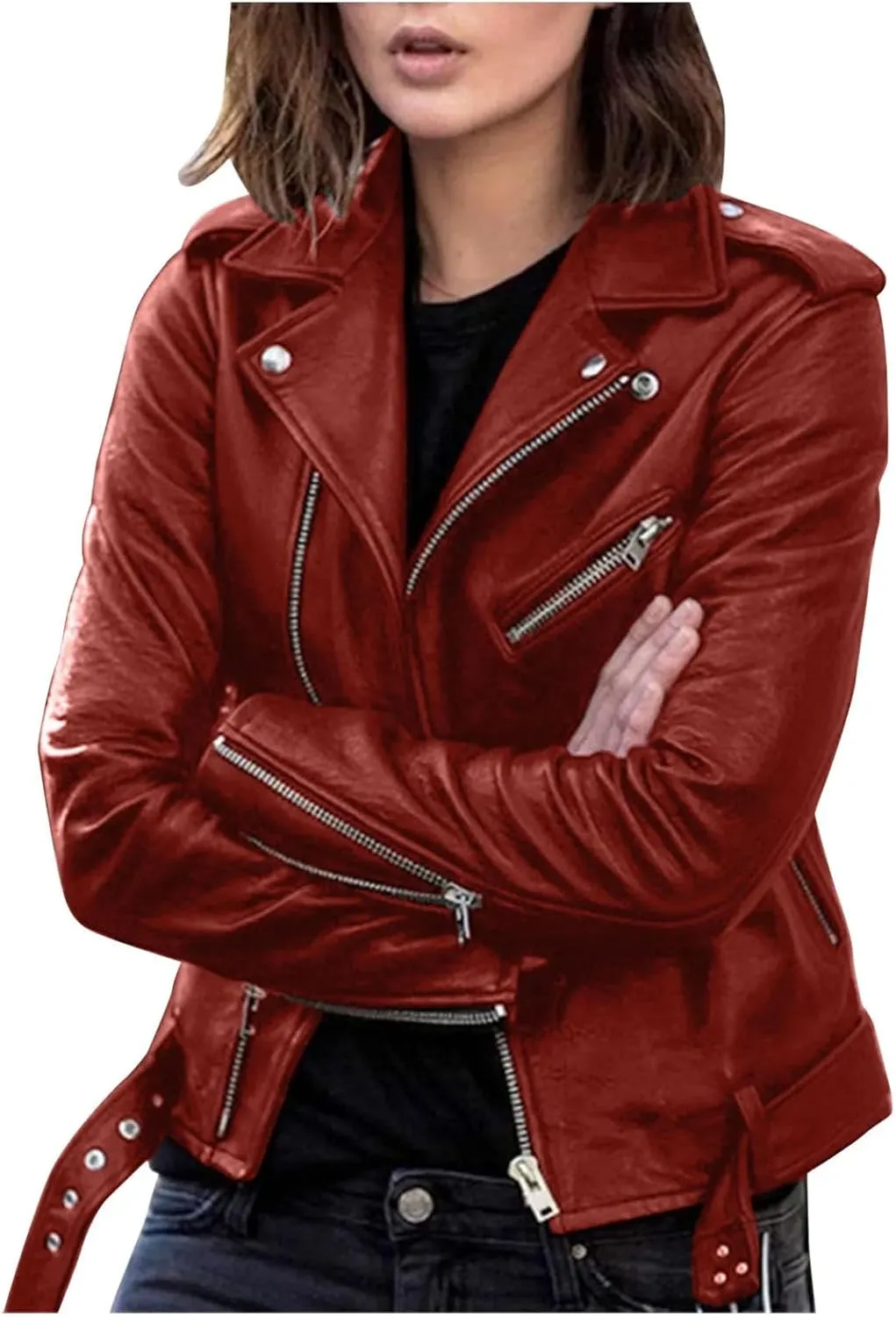 Women's Faux Leather jackets Slim Fit Outerwear Women's Casual Loose Motorcycle jackets Women's Short jackets Outerwear
