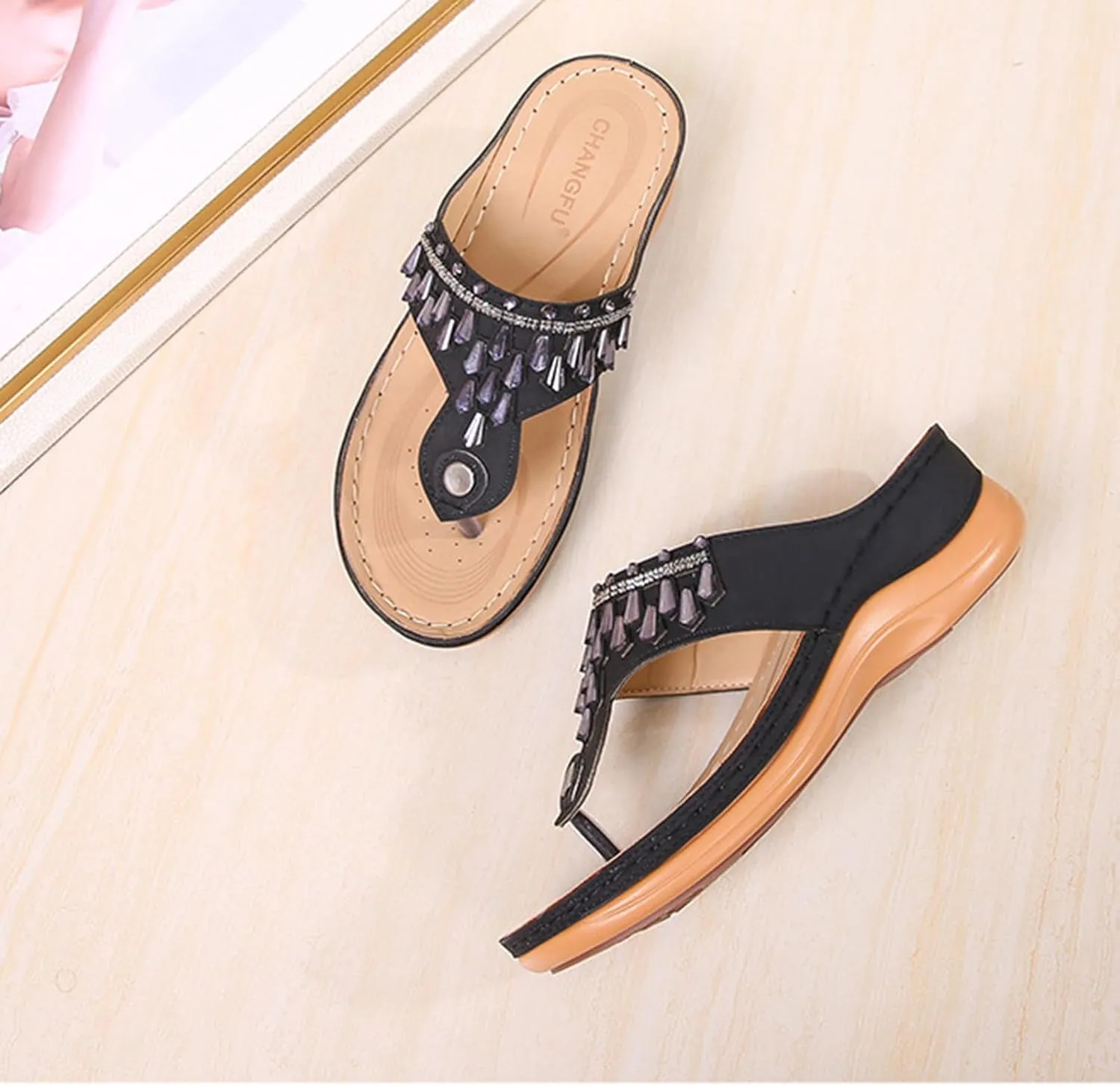 Womens Flip Flops Comfortable Orthopedic Non Slip Wedge Sandals Casual Summer Beach Shoes Ladies Sparkling Rhinestone Bling Vacation Dress Shoes for Summer and Daily Wear