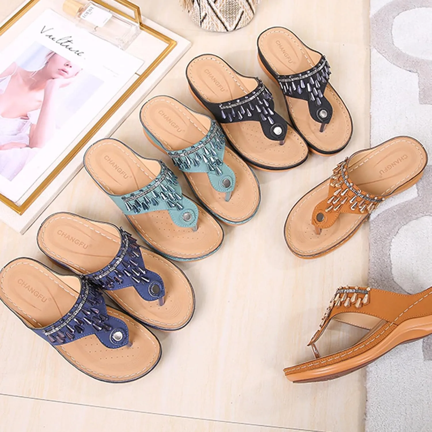 Womens Flip Flops Comfortable Orthopedic Non Slip Wedge Sandals Casual Summer Beach Shoes Ladies Sparkling Rhinestone Bling Vacation Dress Shoes for Summer and Daily Wear