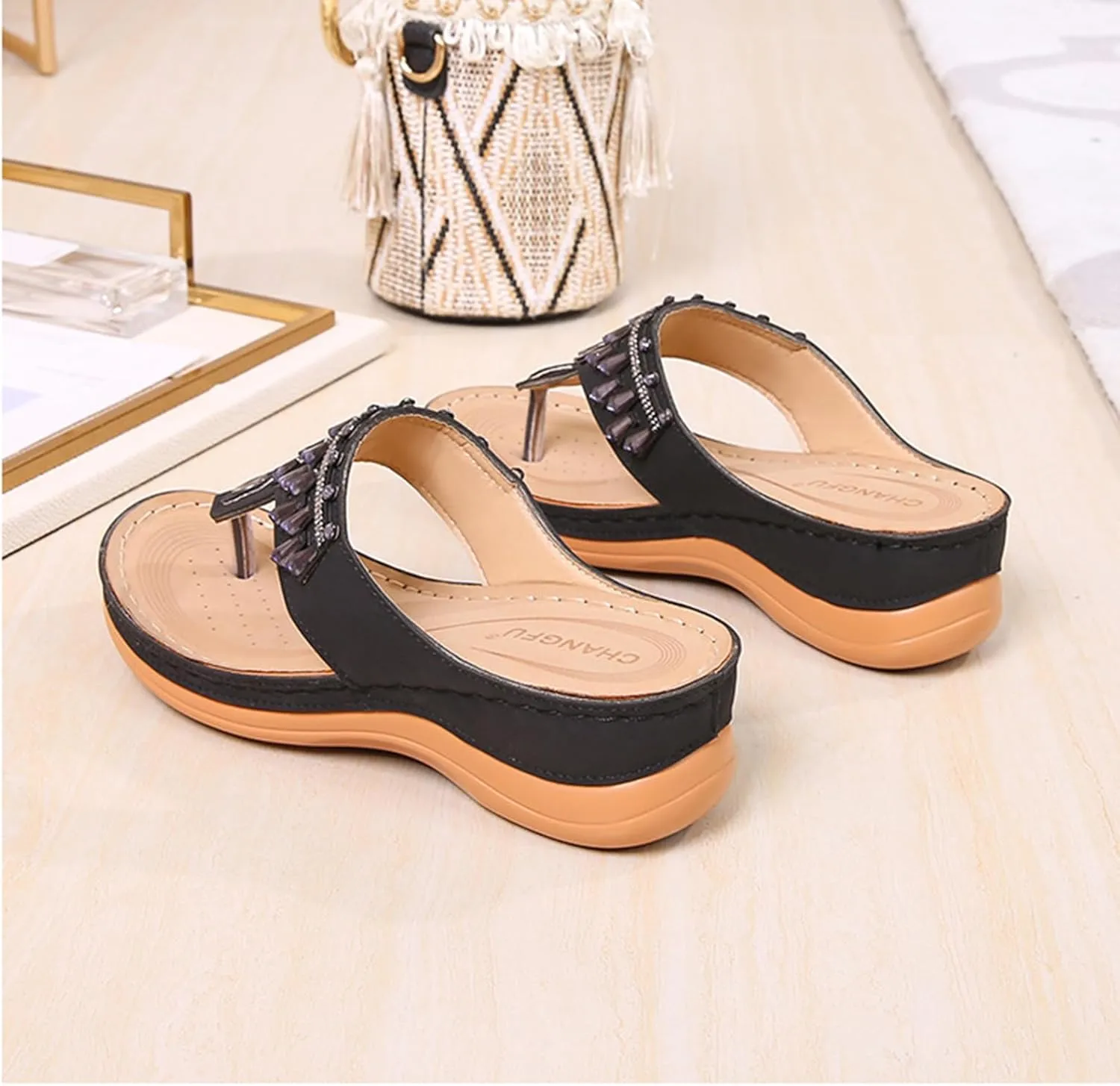 Womens Flip Flops Comfortable Orthopedic Non Slip Wedge Sandals Casual Summer Beach Shoes Ladies Sparkling Rhinestone Bling Vacation Dress Shoes for Summer and Daily Wear
