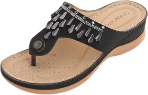 Womens Flip Flops Comfortable Orthopedic Non Slip Wedge Sandals Casual Summer Beach Shoes Ladies Sparkling Rhinestone Bling Vacation Dress Shoes for Summer and Daily Wear