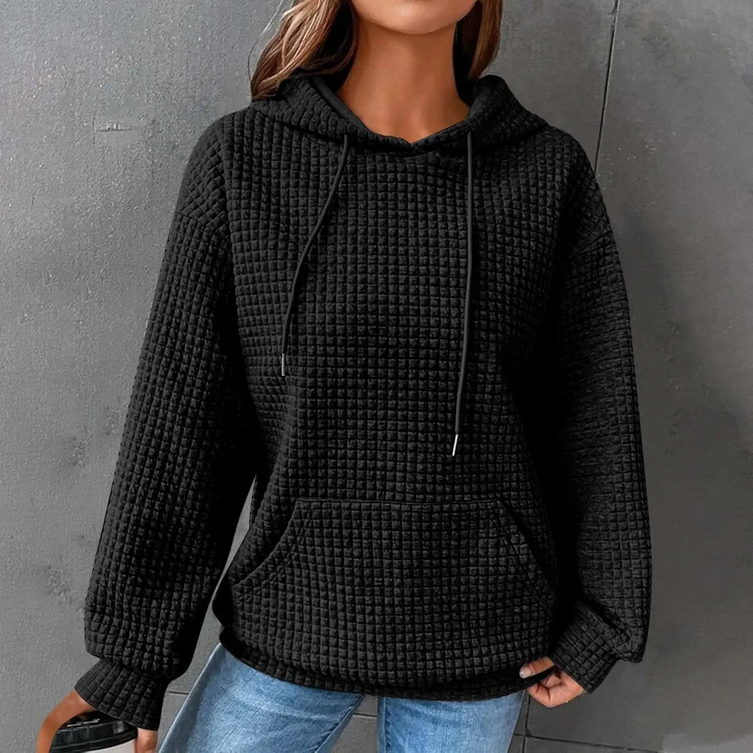 Womens Hoodies Casual Long Sleeve Drawstring Waffle Pullover Tops Loose Hooded Sweatshirt with Pocket
