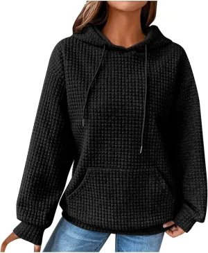 Womens Hoodies Casual Long Sleeve Drawstring Waffle Pullover Tops Loose Hooded Sweatshirt with Pocket