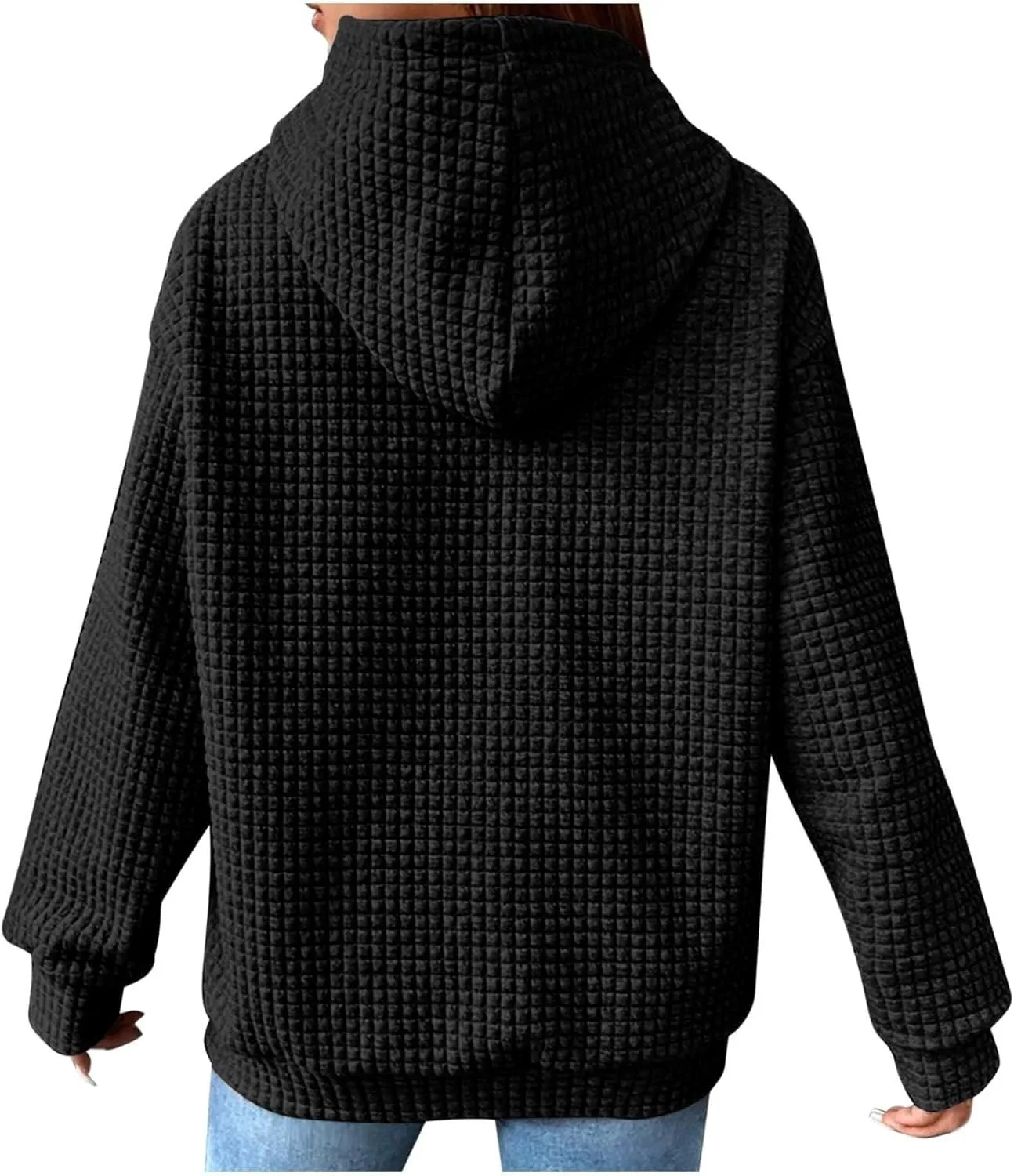 Womens Hoodies Casual Long Sleeve Drawstring Waffle Pullover Tops Loose Hooded Sweatshirt with Pocket