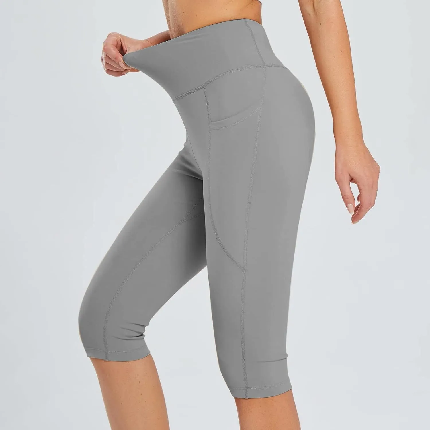 Women's Knee Length Leggings Ladies High Waisted Yoga Pants Summer Stretch Shorts Capris Trousers Cropped Pants