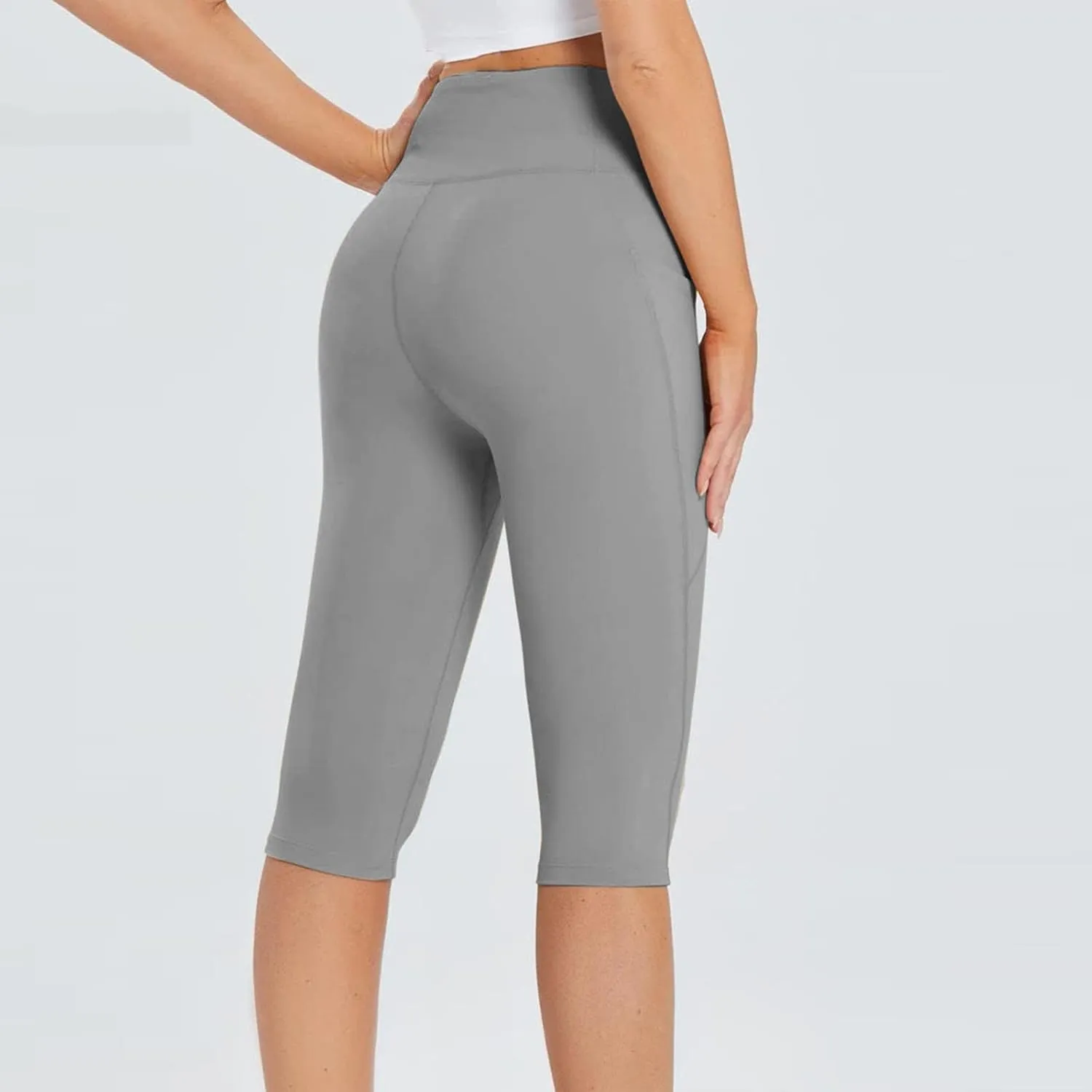 Women's Knee Length Leggings Ladies High Waisted Yoga Pants Summer Stretch Shorts Capris Trousers Cropped Pants