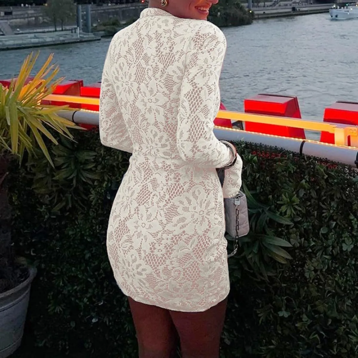 Women's Lace Long Sleeve Mini Dress Hollow Out Floral Sheer Mesh Dress Flare Sleeve Y2K Ruffle Hem Wrap Mini Dress