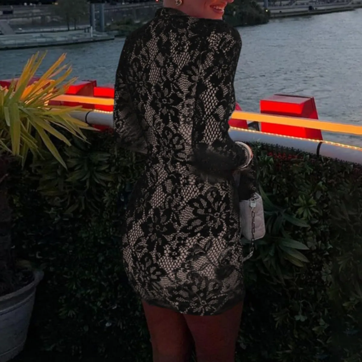 Women's Lace Long Sleeve Mini Dress Hollow Out Floral Sheer Mesh Dress Flare Sleeve Y2K Ruffle Hem Wrap Mini Dress