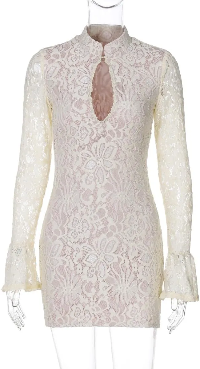 Women's Lace Long Sleeve Mini Dress Hollow Out Floral Sheer Mesh Dress Flare Sleeve Y2K Ruffle Hem Wrap Mini Dress