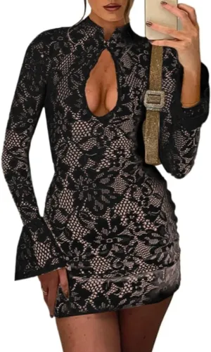 Women's Lace Long Sleeve Mini Dress Hollow Out Floral Sheer Mesh Dress Flare Sleeve Y2K Ruffle Hem Wrap Mini Dress