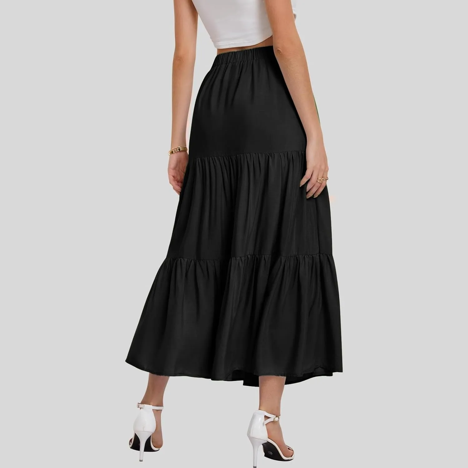 Women's Layered Tiered Maxi Skirt Elegant High Waist Flowy Boho Ruffle Beach A Line Trendy 2025 Skirts with