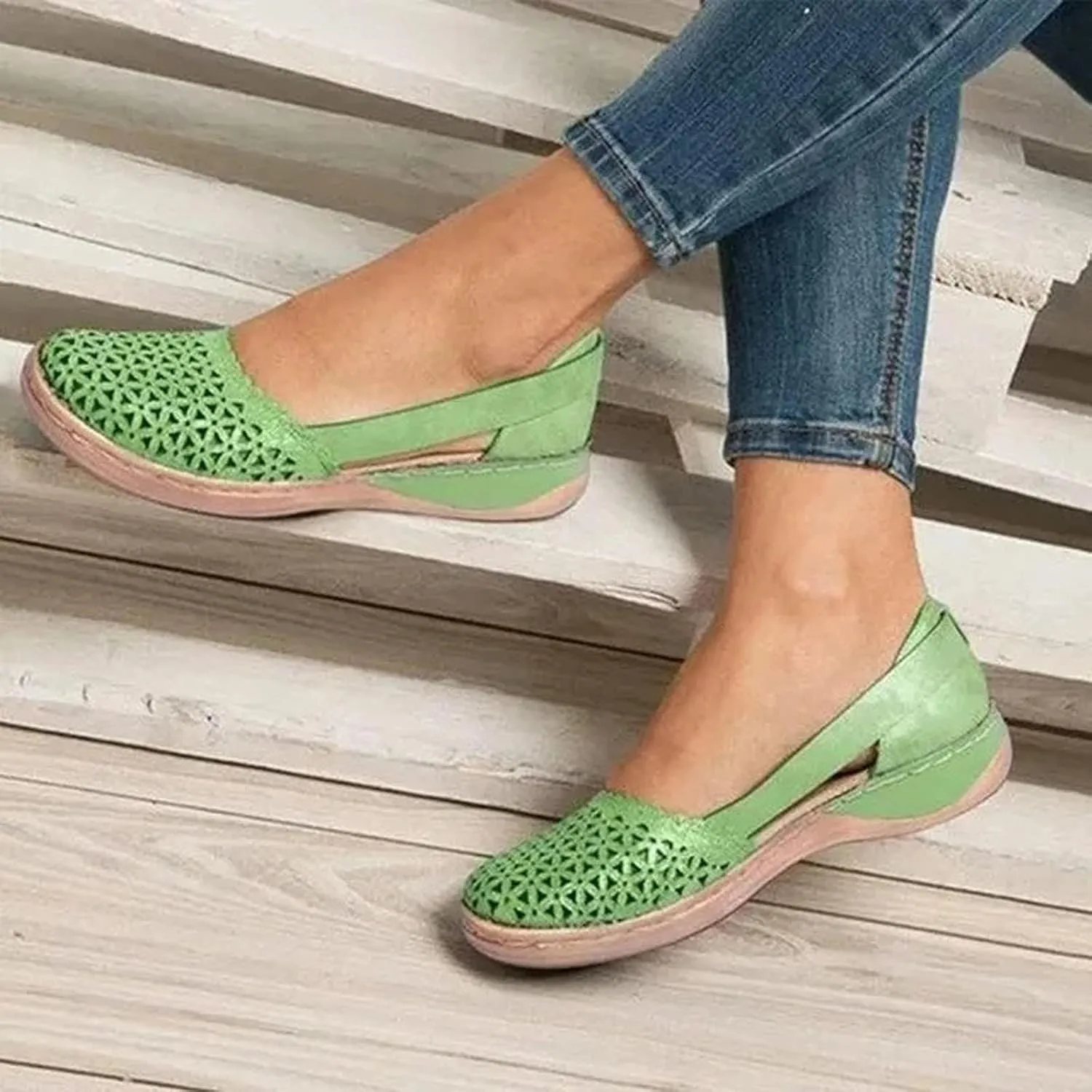 Womens Orthopedic Slip-On Loafers Breathable Hollow Out Wedge Sandals Fashion Open Back Flats Walking Shoes Comfortable Orthotic Shoes for Foot and Heel Pain Relief