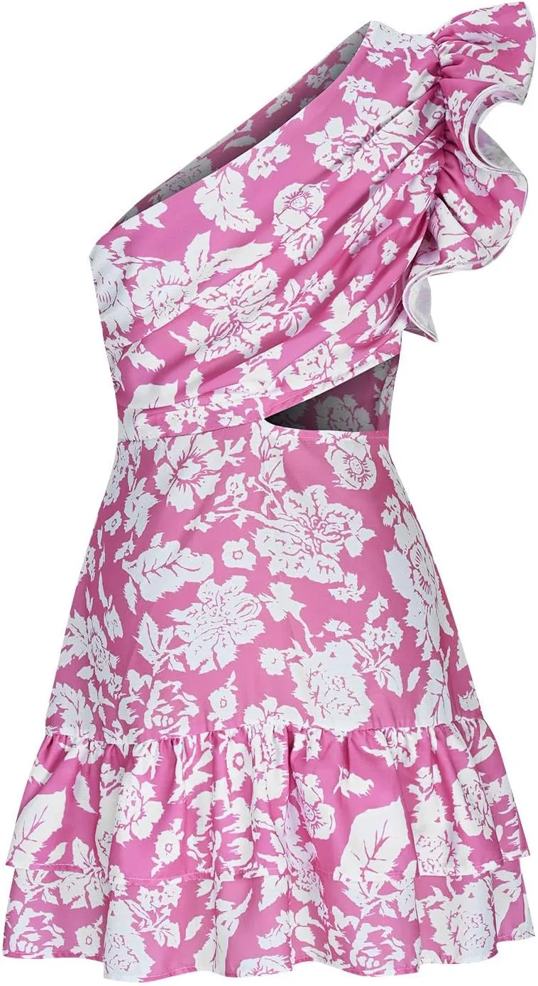 Womens Ruffles Mini Dresses Sexy Backless One Shoulder Boho Style Floral Dance Dress Beach Casual Sundress
