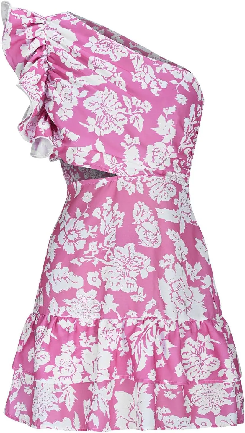 Womens Ruffles Mini Dresses Sexy Backless One Shoulder Boho Style Floral Dance Dress Beach Casual Sundress