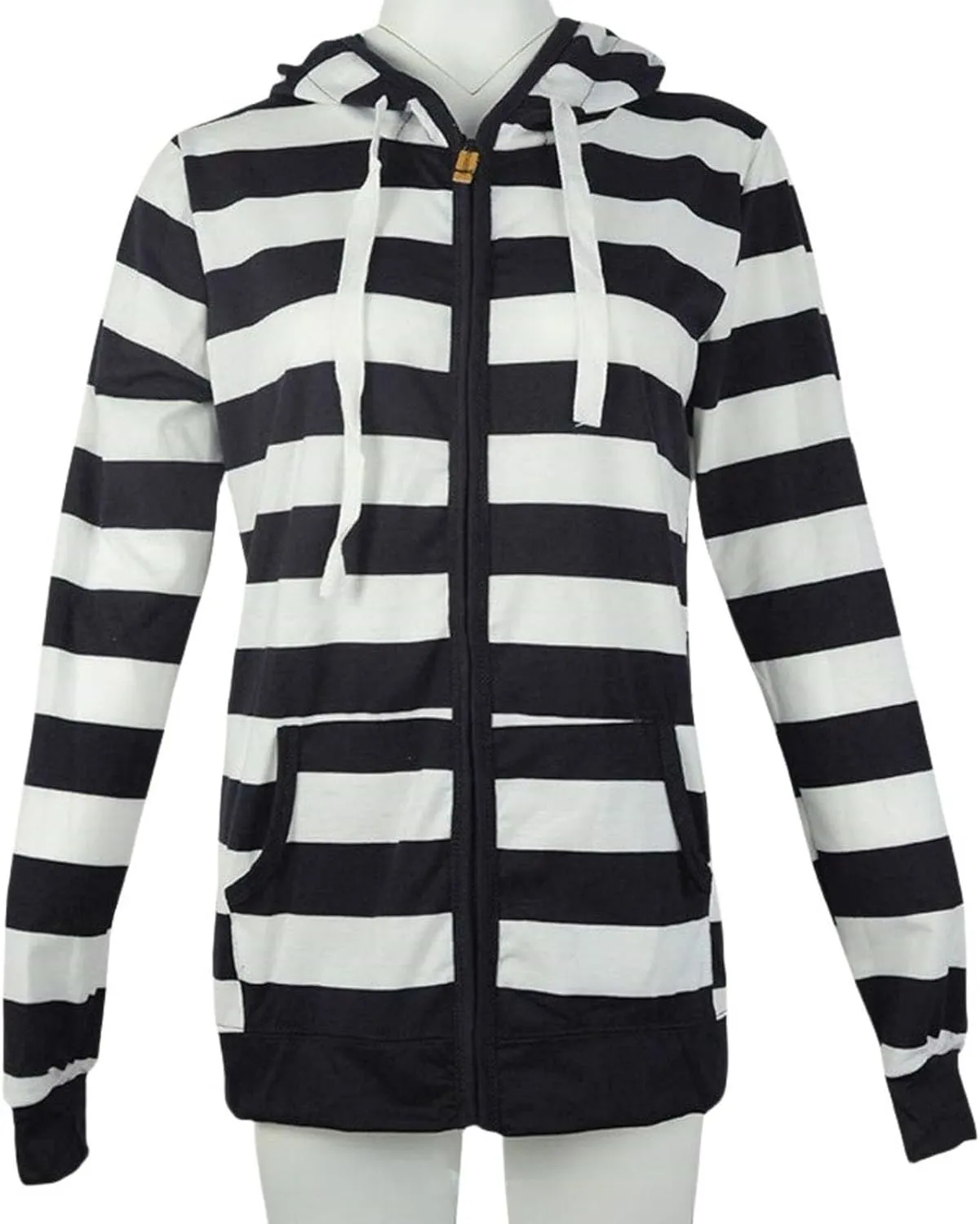 Womens Striped Hooded Jackets Zip Up Hoodie Casual Fashion Sweatshirts Long Sleeve Windproof Fall Winter New Tops