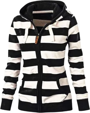 Womens Striped Hooded Jackets Zip Up Hoodie Casual Fashion Sweatshirts Long Sleeve Windproof Fall Winter New Tops