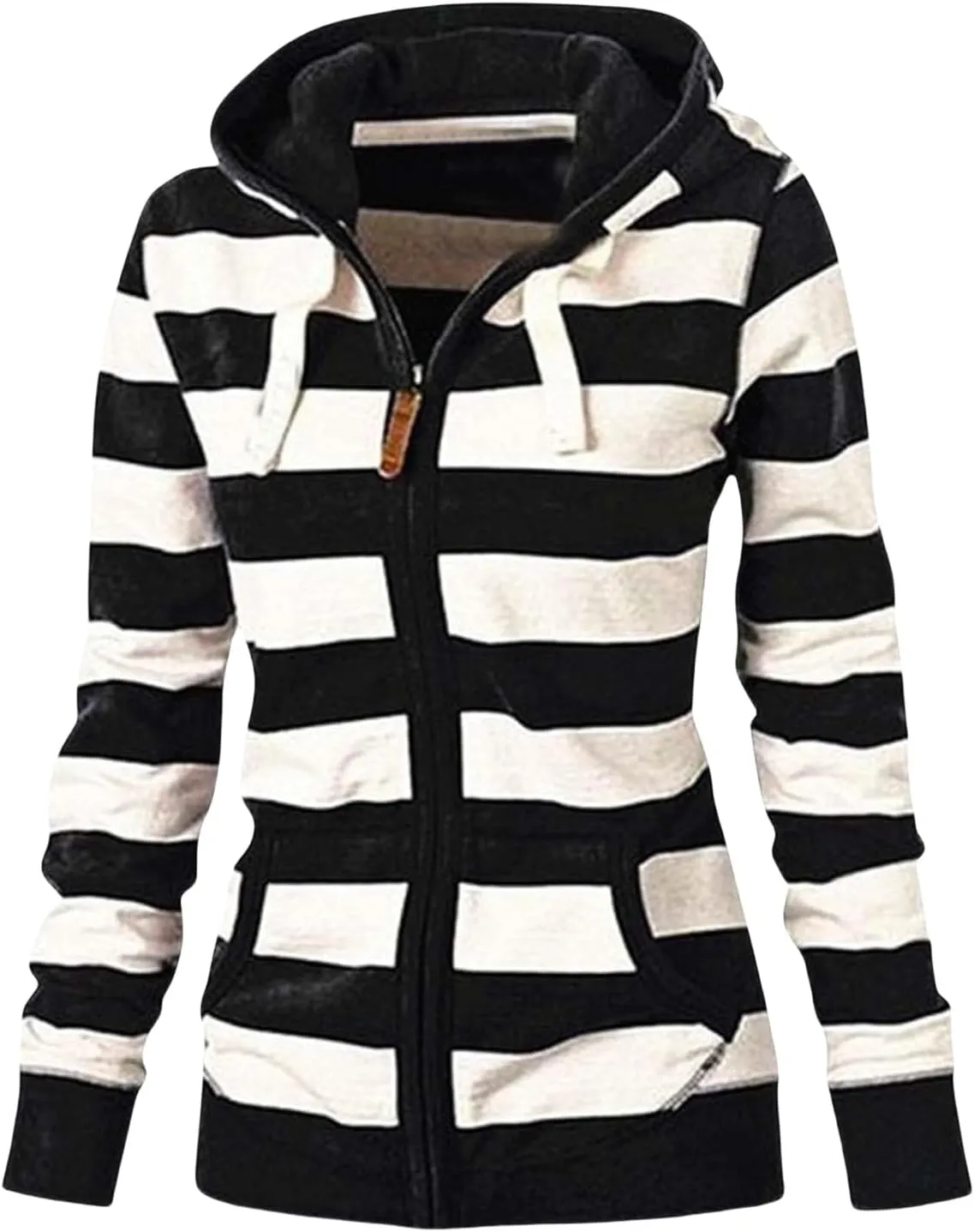 Womens Striped Hooded Jackets Zip Up Hoodie Casual Fashion Sweatshirts Long Sleeve Windproof Fall Winter New Tops
