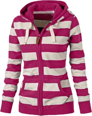 Womens Striped Hooded Jackets Zip Up Hoodie Casual Fashion Sweatshirts Long Sleeve Windproof Fall Winter New Tops