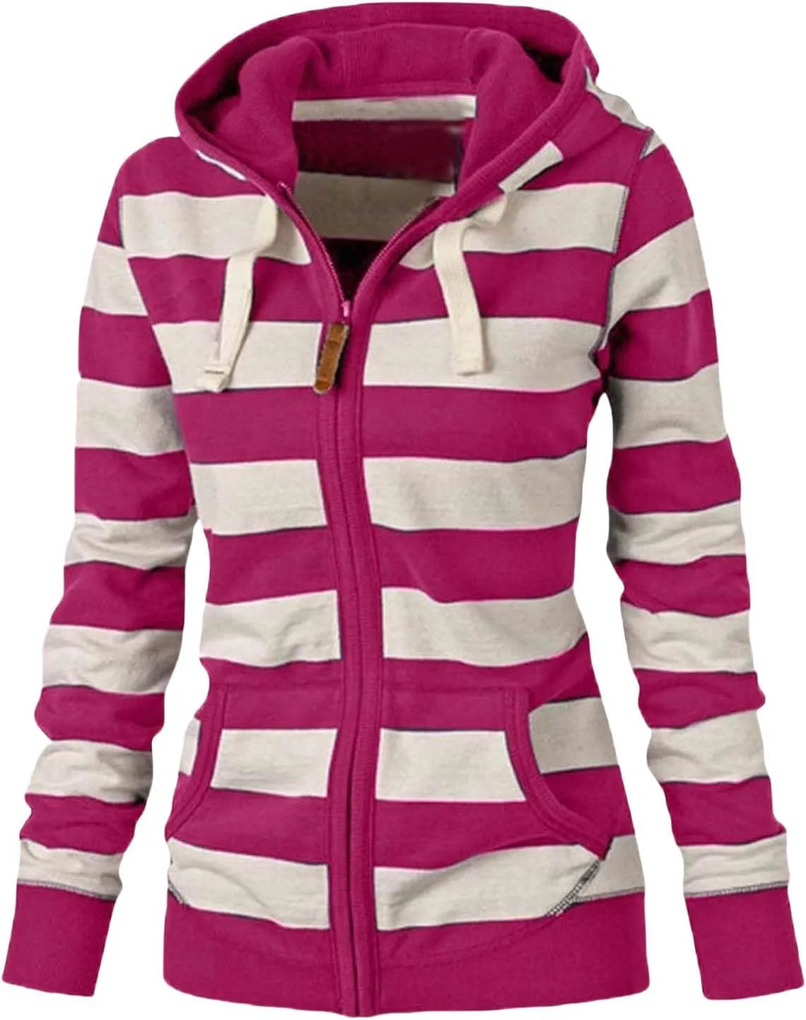 Womens Striped Hooded Jackets Zip Up Hoodie Casual Fashion Sweatshirts Long Sleeve Windproof Fall Winter New Tops