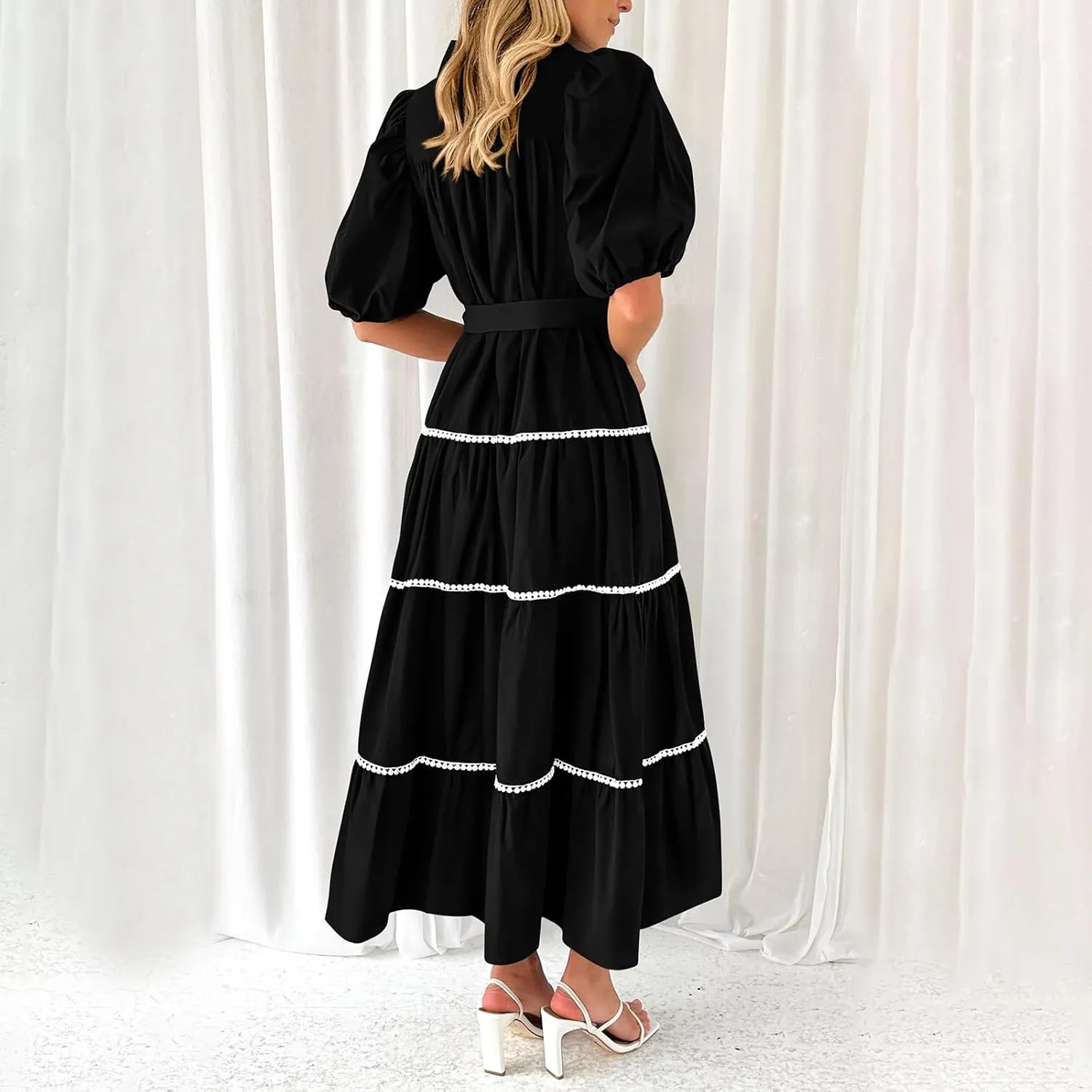 Women's Summer Button Down Shirt Dress Short Puffy Sleeve Tiered Ruffle Flowy Long Maxi Dresses Vocation Party Dress