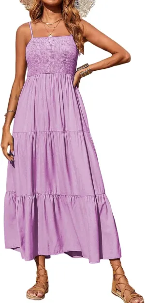 Womens Summer Casual Maxi Dress Boho Spaghetti Strap Smocked Sleeveless Dress Flowy Tiered Long Beach Sundress