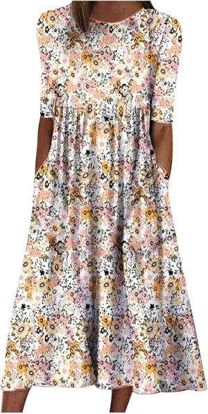 Womens Summer Casual Round Neck Half Sleeve Floral Printed Dresses with Pockets Tiered Flowy Long Dress