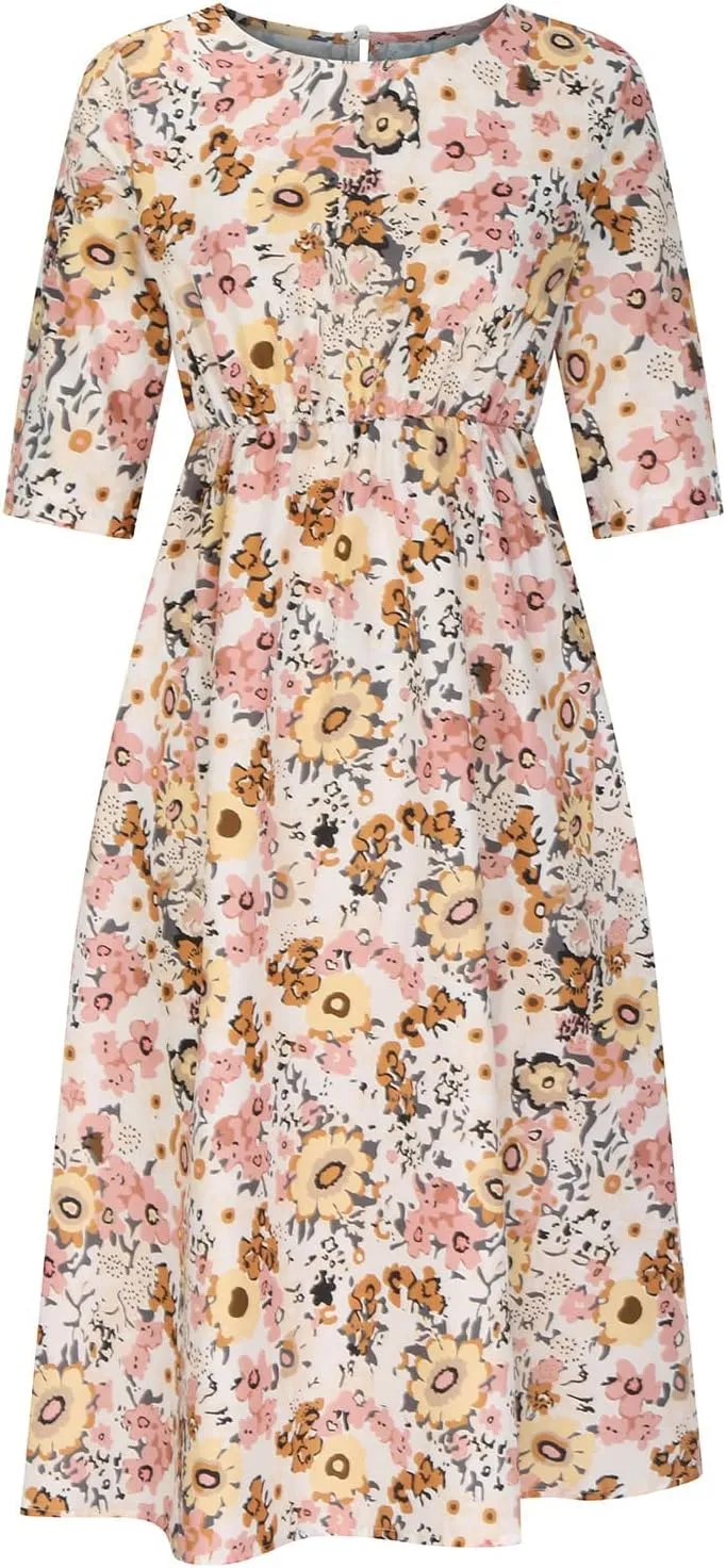 Womens Summer Casual Round Neck Half Sleeve Floral Printed Dresses with Pockets Tiered Flowy Long Dress