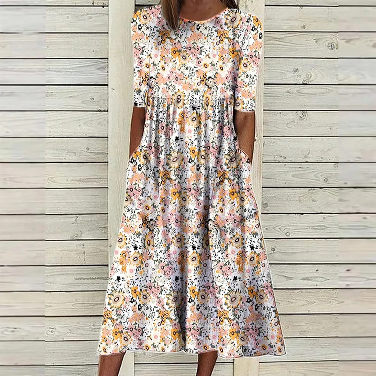 Womens Summer Casual Round Neck Half Sleeve Floral Printed Dresses with Pockets Tiered Flowy Long Dress