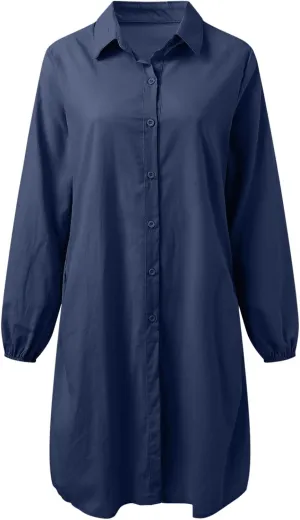 Women's Summer Cotton Half Sleeves Button Down Casual Loose Slit Midi Dress with Pockets Cotton Maxi Shirt Button Down Dress