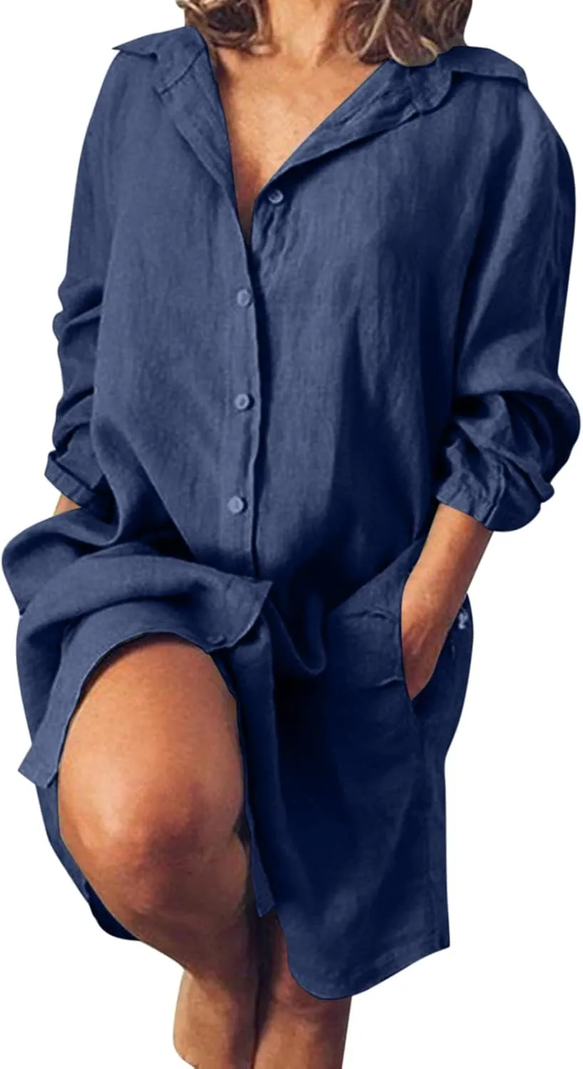 Women's Summer Cotton Half Sleeves Button Down Casual Loose Slit Midi Dress with Pockets Cotton Maxi Shirt Button Down Dress