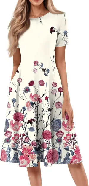 Womens Summer Dress Short Sleeve Beach Vacation Midi Bodycon Dress Round Neck Solid Color Boho Sundresses with Pocket