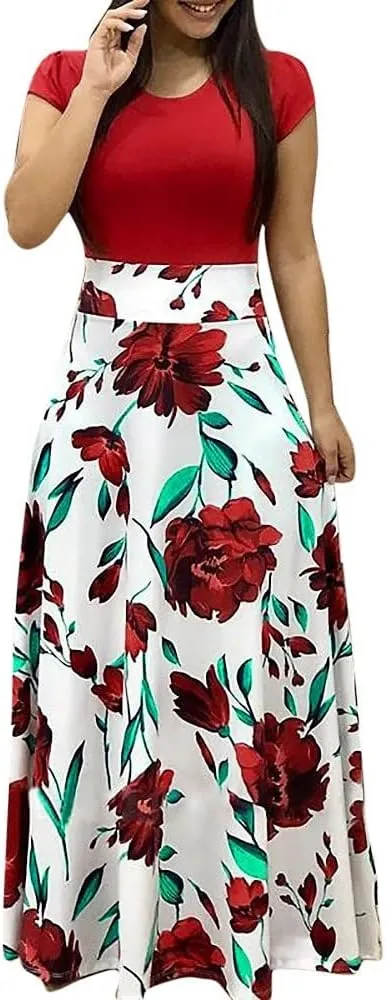 Women's Summer Dresses 2024 Maxi Dresses Casual Loose Swing Bohemian Print Short Sleeve Dress, S-5XL