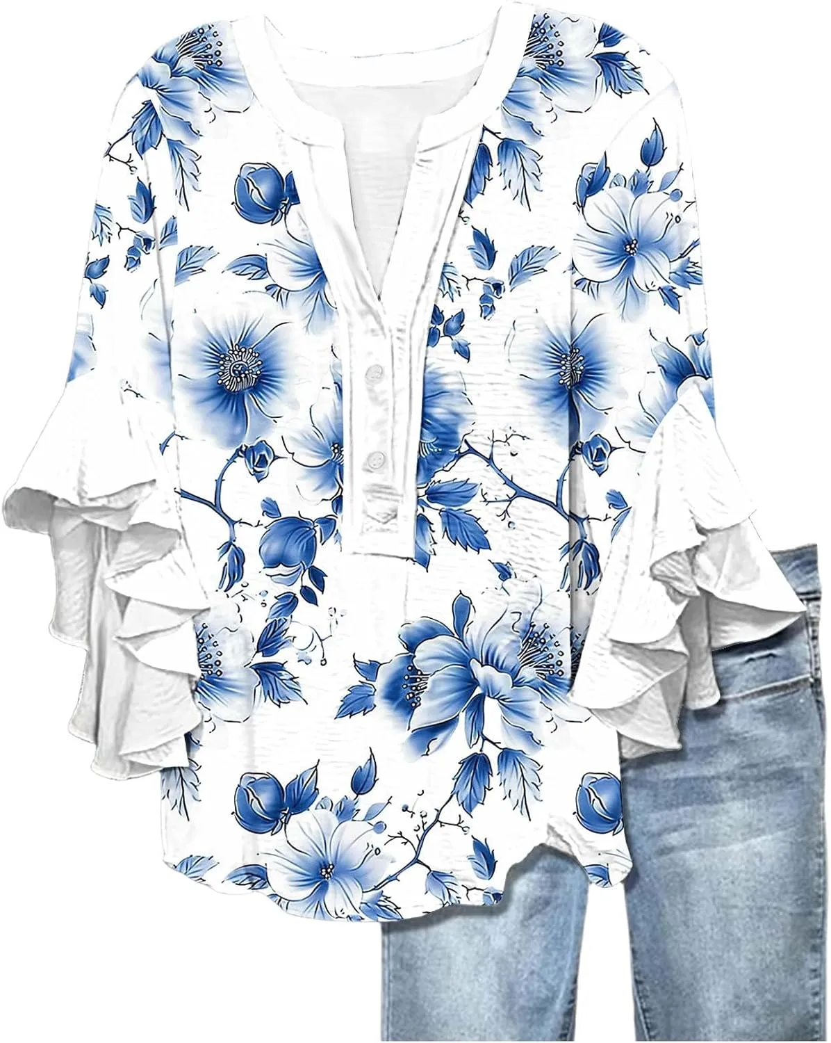 Womens Tops Dressy Casual 3/4 Length Bell Sleeve Top Oversized V Neck Floral T Shirts Summer Fashion Boho Tunics 2025