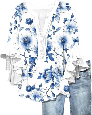 Womens Tops Dressy Casual 3/4 Length Bell Sleeve Top Oversized V Neck Floral T Shirts Summer Fashion Boho Tunics 2025