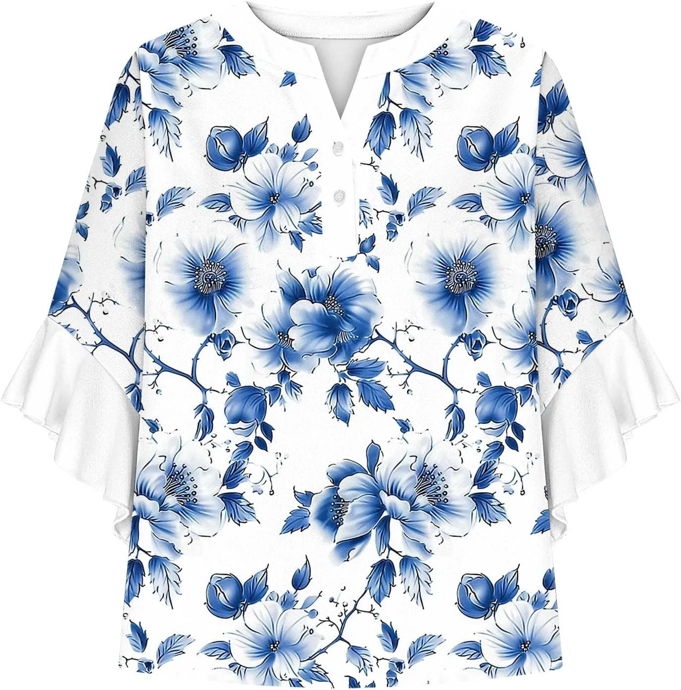Womens Tops Dressy Casual 3/4 Length Bell Sleeve Top Oversized V Neck Floral T Shirts Summer Fashion Boho Tunics 2025