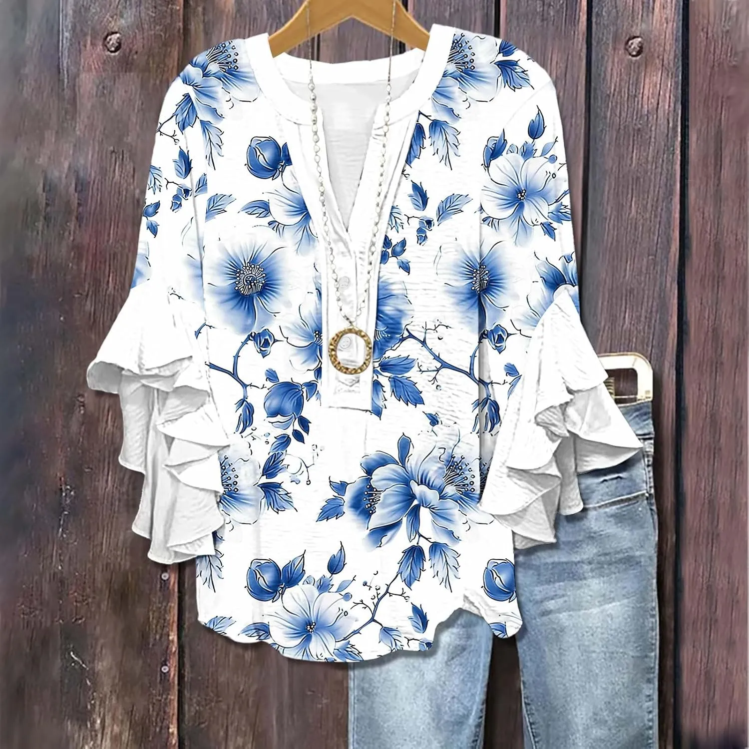 Womens Tops Dressy Casual 3/4 Length Bell Sleeve Top Oversized V Neck Floral T Shirts Summer Fashion Boho Tunics 2025