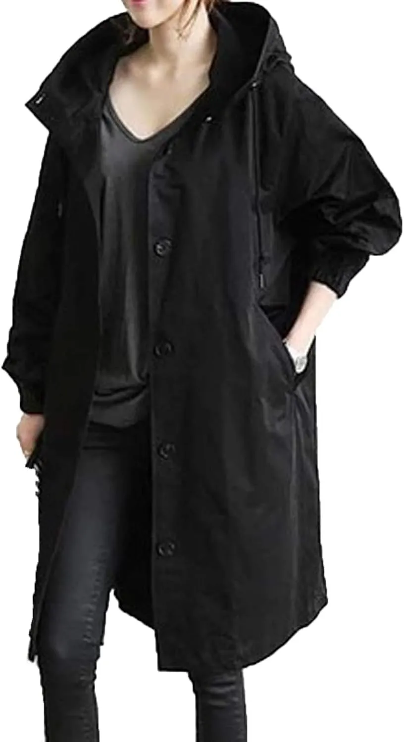 Womens Trendy Oversized Jackets Plus Size Mid-Long Hooded Trench Jackets Coats Elegant Casual Jackets Windbreaker
