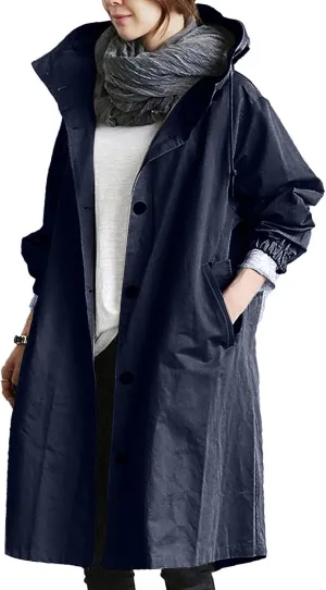 Womens Trendy Oversized Jackets Plus Size Mid-Long Hooded Trench Jackets Coats Elegant Casual Jackets Windbreaker