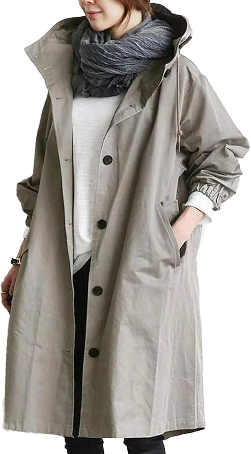 Womens Trendy Oversized Jackets Plus Size Mid-Long Hooded Trench Jackets Coats Elegant Casual Jackets Windbreaker