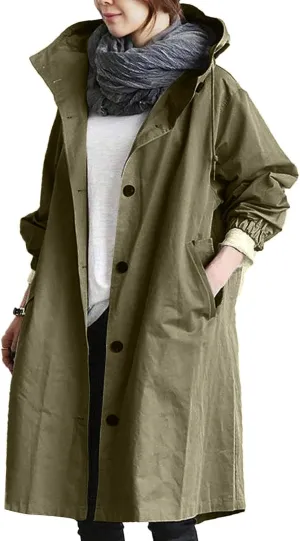 Womens Trendy Oversized Jackets Plus Size Mid-Long Hooded Trench Jackets Coats Elegant Casual Jackets Windbreaker