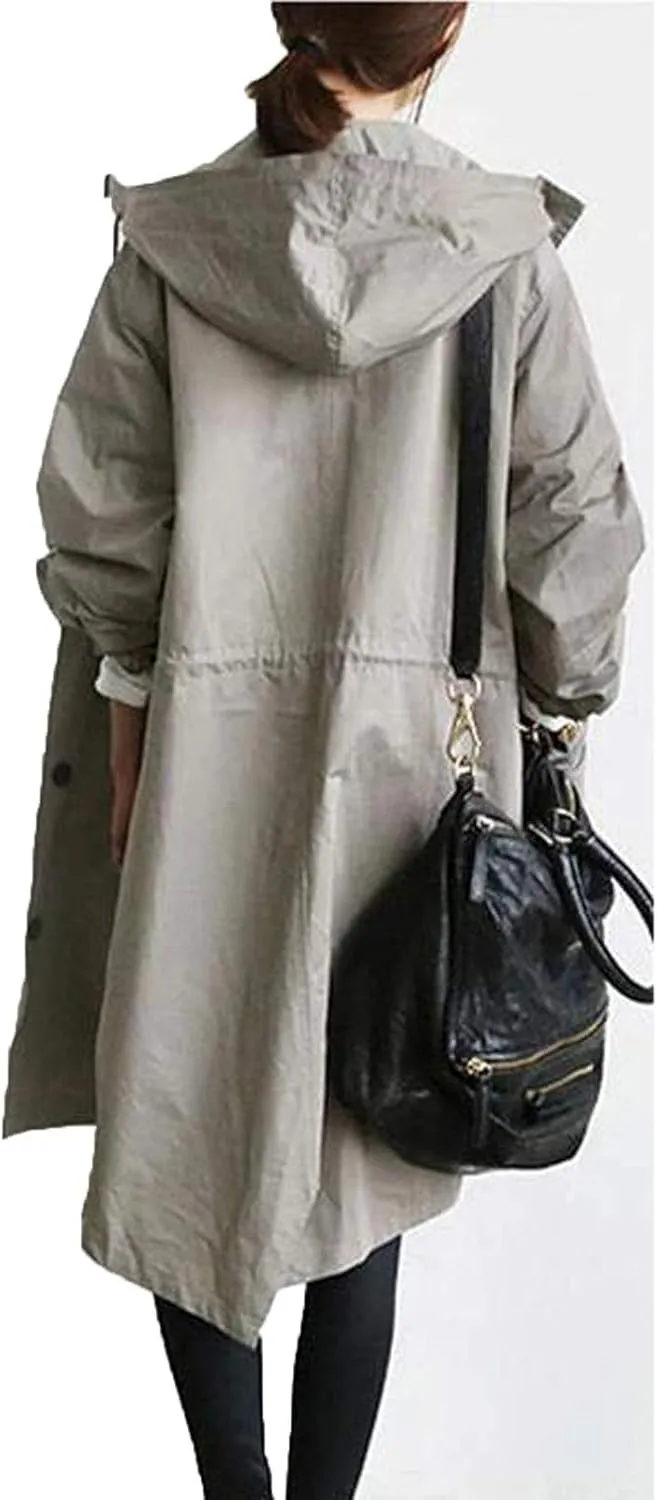 Womens Trendy Oversized Jackets Plus Size Mid-Long Hooded Trench Jackets Coats Elegant Casual Jackets Windbreaker