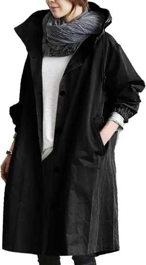 Womens Trendy Oversized Jackets Plus Size Mid-Long Hooded Trench Jackets Coats Elegant Casual Jackets Windbreaker