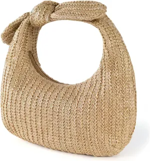 Woven Handbag for Women Boho Style Beach Bag Bow Decor Large Capacity Portable Storage Pouch