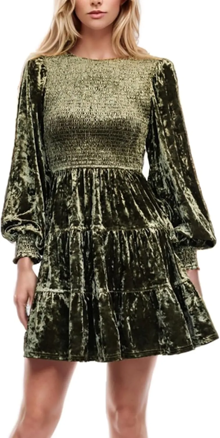 XUNRYAN Womens Velvet Dress Fall Winter Crushed Long Sleeve Crew Neck Elastic Smocked A-Line Tiered Ruffle Mini Dresses