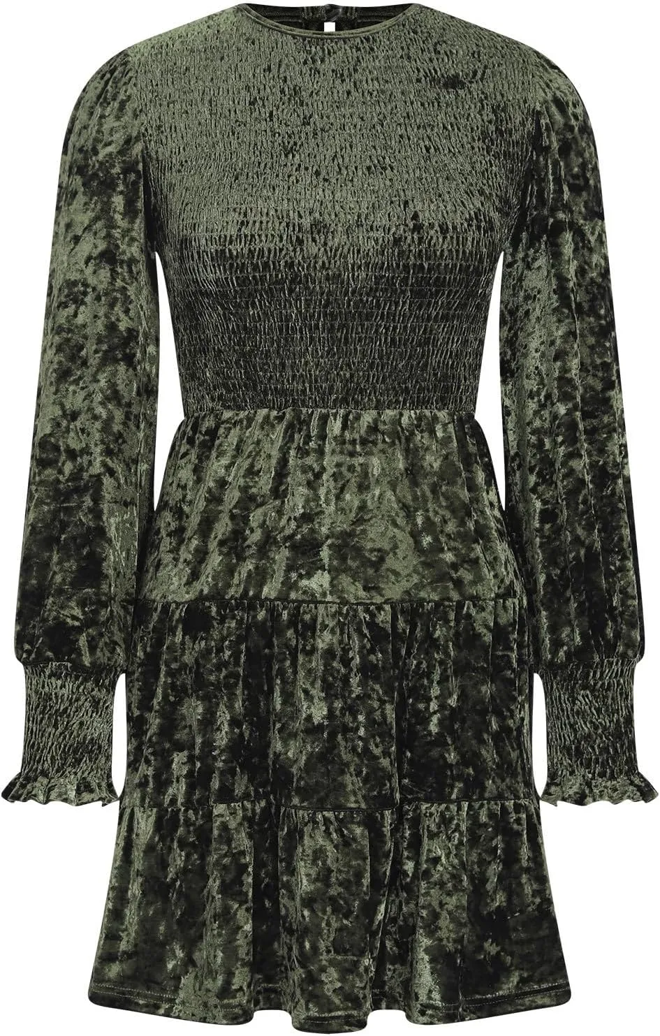 XUNRYAN Womens Velvet Dress Fall Winter Crushed Long Sleeve Crew Neck Elastic Smocked A-Line Tiered Ruffle Mini Dresses