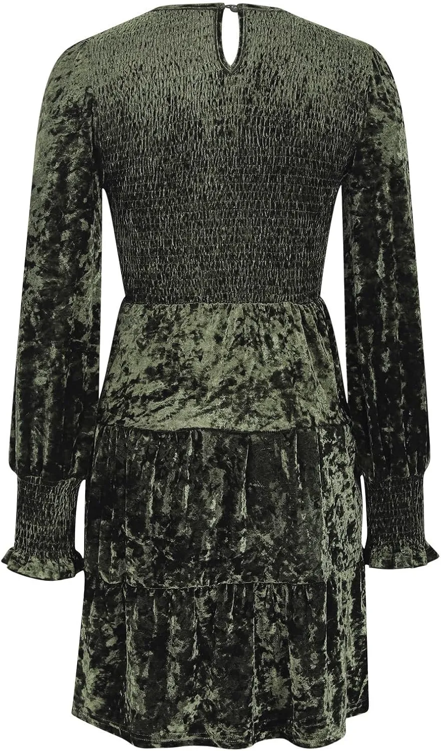 XUNRYAN Womens Velvet Dress Fall Winter Crushed Long Sleeve Crew Neck Elastic Smocked A-Line Tiered Ruffle Mini Dresses