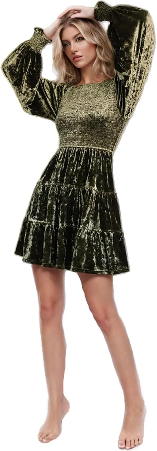XUNRYAN Womens Velvet Dress Fall Winter Crushed Long Sleeve Crew Neck Elastic Smocked A-Line Tiered Ruffle Mini Dresses