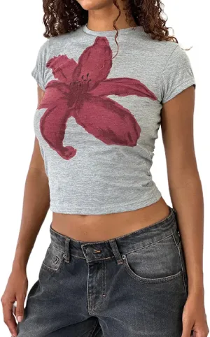 Y2k Baby Tees for Women Short Sleeve Graphic Crop Tops E Girls Cute Flower Print Vintage Aesthetic Shirts